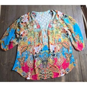 Fig and Flower Anthropologie Paisley Peasant Tunic Top Med Floral Lace Back